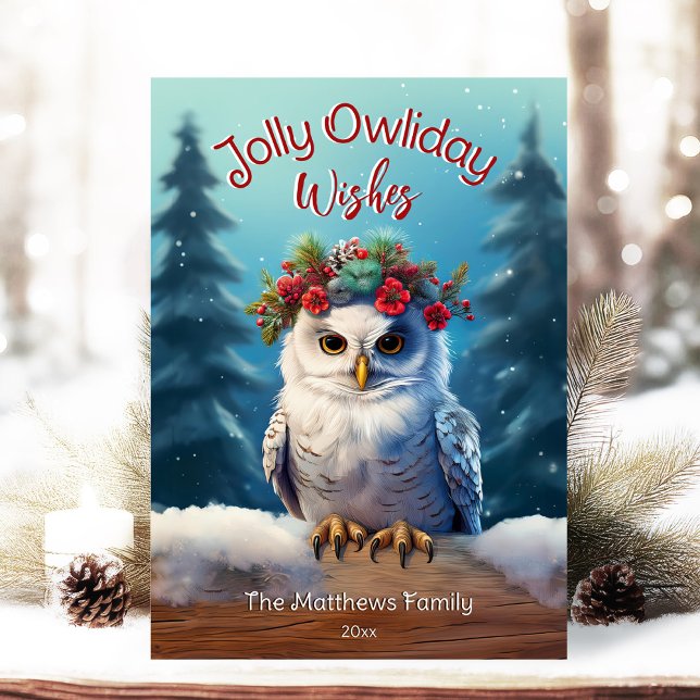 Snowy Owl in Forest Rustic Jolly Owliday Wishes Holiday Card (Adorable Winter Snowy Scene With Peeking Dogs or Farm/Woodland Animals - Over 50 to Choose From!)