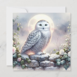 Snowy Owl in Moonlit Winter Garden Card