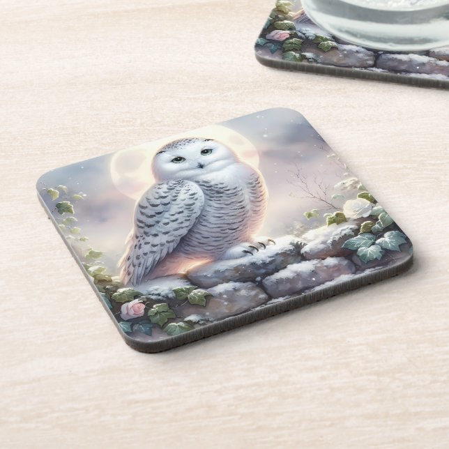 Snowy Owl in Moonlit Winter Garden Coaster (Left Side)