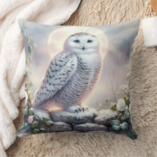 Snowy Owl in Moonlit Winter Garden Cushion