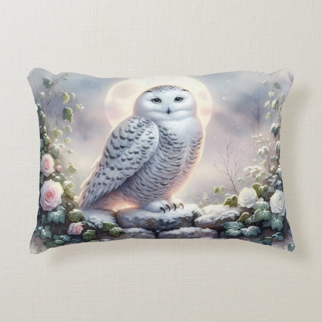 Snowy Owl in Moonlit Winter Garden Decorative Cushion (Front)