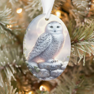 Snowy Owl in Moonlit Winter Garden Ornament