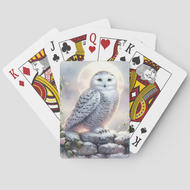 Snowy Owl in Moonlit Winter Garden Playing Cards (Back)