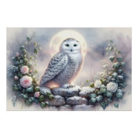 Snowy Owl in Moonlit Winter Garden