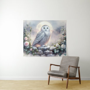 Snowy Owl in Moonlit Winter Garden Tapestry