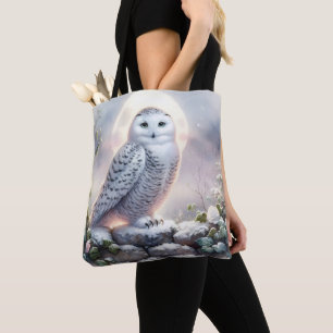 Snowy Owl in Moonlit Winter Garden Tote Bag