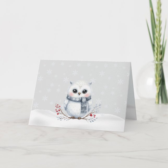 Snowy Owl in Scarf Christmas Card (Front)