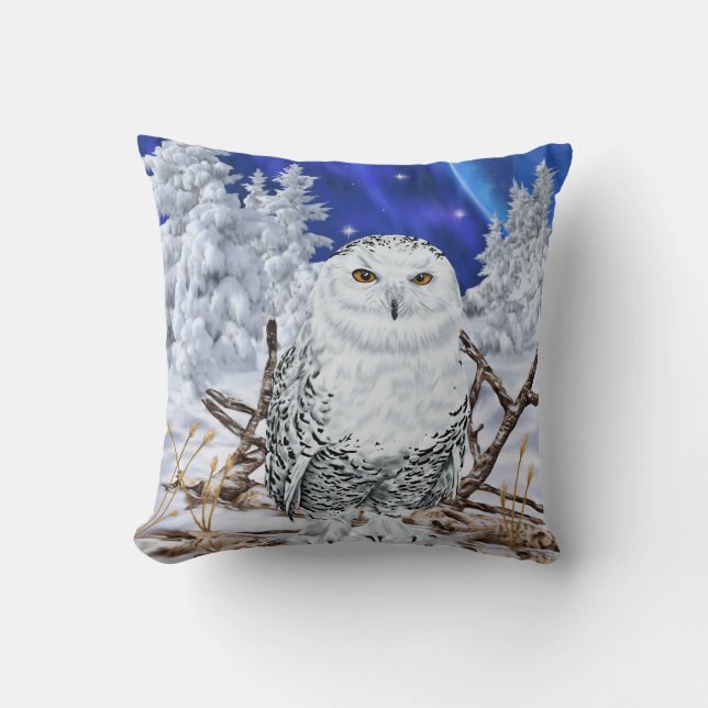 Snowy Owl in Snow Dark Blue Sky Cushion (Front)