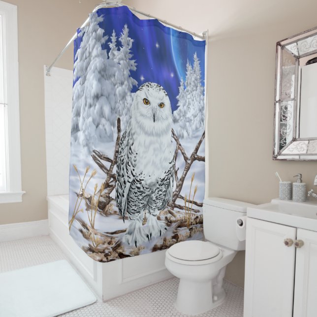 Snowy Owl in Snow Dark Blue Sky Shower Curtain (In Situ)