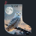 Snowy Owl in Winter Moonlight with Snow Falling Large Christmas Stocking<br><div class="desc">A beautiful snowy owl is perched on a tree branch,  while snow falls lightly around her,  and a full moon is suspended in the background.  Beautiful Christmas stocking,  perfect for anyone who loves owls,  birds,  nature,  and the outdoors.</div>