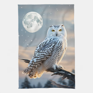 Snowy Owl in Winter Moonlight with Snow Falling Tea Towel