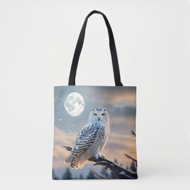 Snowy Owl in Winter Moonlight with Snow Falling  Tote Bag (Front)