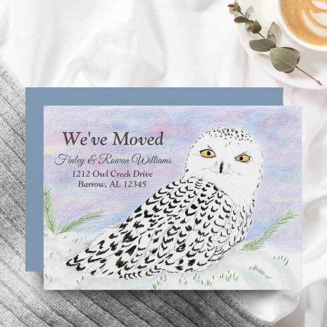 Snowy Owl In Winter Sunset Colour Pencil Moving Announcement (Capture the magic of your move with this enchanting snowy owl.)