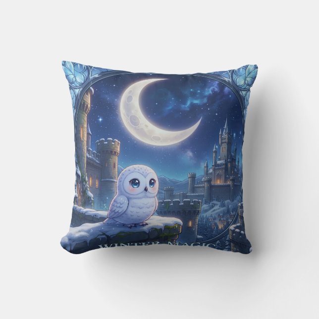 Snowy Owl Moon Castle Pillow (Front)