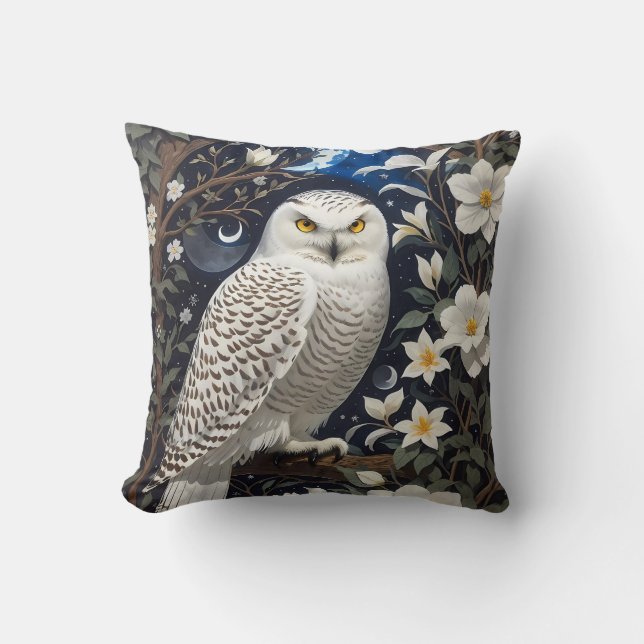 Snowy Owl Moonlight Moonflowers Cushion (Front)