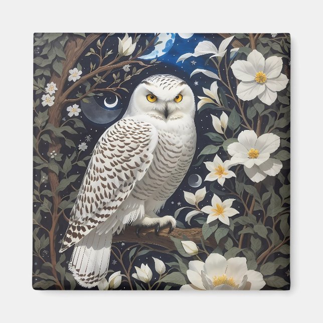 Snowy Owl Moonlight Moonflowers Magnet (Front)
