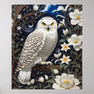 Snowy Owl Moonlight Moonflowers Poster