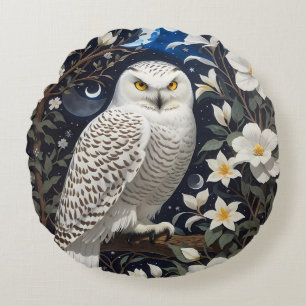 Snowy Owl Moonlight Moonflowers Round Cushion