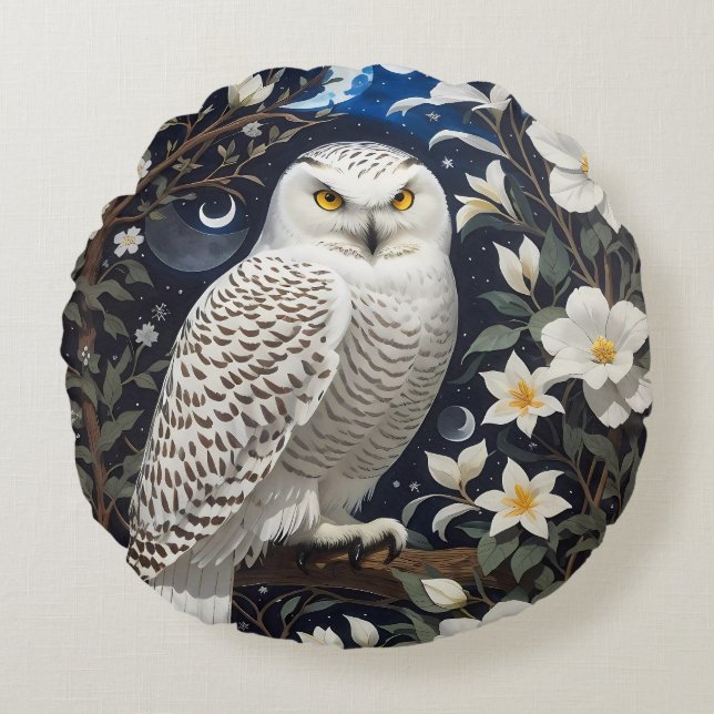 Snowy Owl Moonlight Moonflowers Round Cushion (Front)