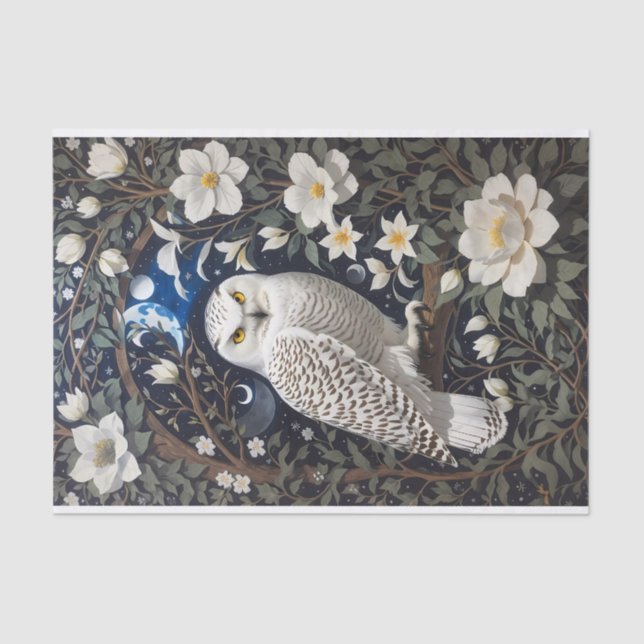 Snowy Owl Moonlight Moonflowers Tissue Paper (Front)