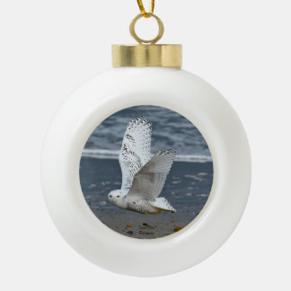 Snowy Owl on a Beach Ceramic Ball Christmas Ornament