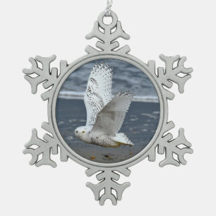 Snowy Owl on a Beach Snowflake Pewter Christmas Ornament