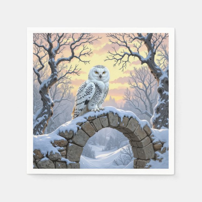 Snowy Owl On a Stone Arch Napkin (Front)