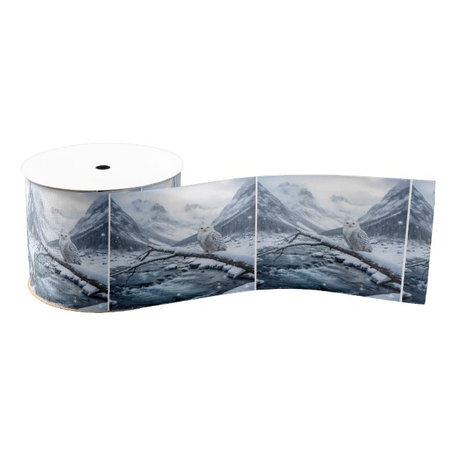 Snowy Owl On a Winter Tree Branch Grosgrain Ribbon (Spool)