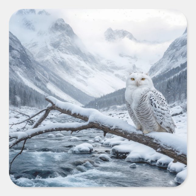 Snowy Owl On a Winter Tree Branch Square Sticker (Front)