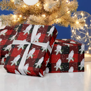 Snowy Owl On Buffalo Plaid Wrapping Paper