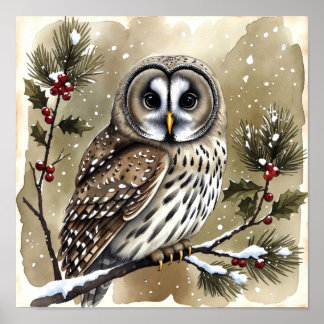 Snowy Owl on Holly Branch Watercolor Christmas Poster