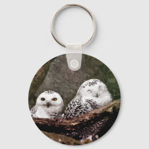 Snowy Owl Pair Woodland Wildlife Art Key Ring
