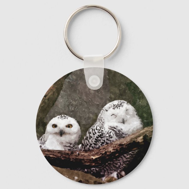 Snowy Owl Pair Woodland Wildlife Art Key Ring (Front)