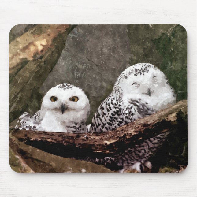 Snowy Owl Pair Woodland Wildlife Art Mouse Pad (Front)