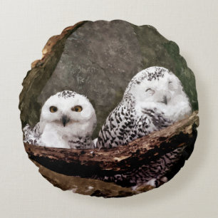 Snowy Owl Pair Woodland Wildlife Art Round Cushion