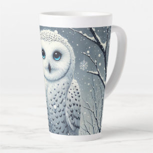 Snowy Owl Perched on Winter Branch Latte Mug