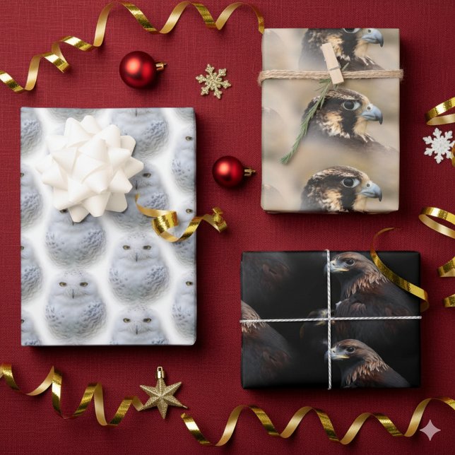 Snowy Owl / Peregrine Falcon / Golden Eagles Wrapping Paper Sheet (Owls, Falcons, and Eagles Giftwrap Assortment Cover Photo)