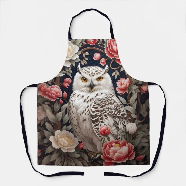 Snowy Owl Pink Peony Flowers Apron (Front)