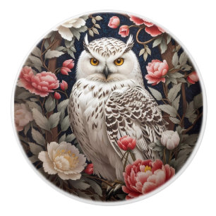 Snowy Owl Pink Peony Flowers Ceramic Knob