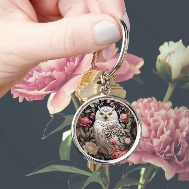 Snowy Owl Pink Peony Flowers Key Ring (Creator Uploaded)
