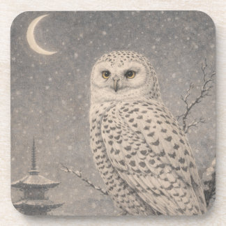 Snowy Owl Plastic Coaster, Japanese Moon Pagoda De Coaster