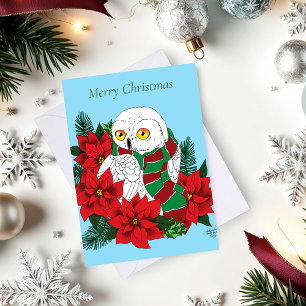 Snowy Owl Red Poinsettias Christmas Card