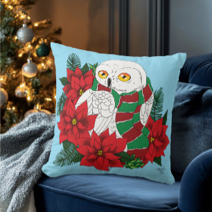 Snowy Owl Red Poinsettias Christmas Cushion