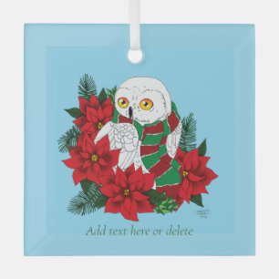 Snowy Owl Red Poinsettias Christmas Glass Tree Decoration