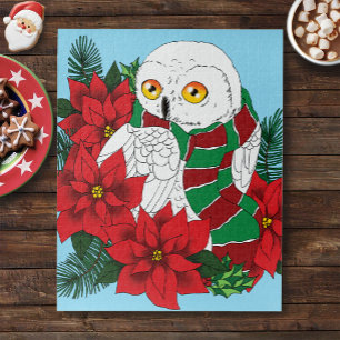 Snowy Owl Red Poinsettias Christmas Jigsaw Puzzle