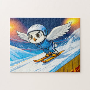 Snowy Owl Ski Jumping from a Winter Ski Ramp Jigsaw Puzzle