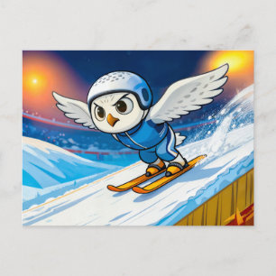 Snowy Owl Ski Jumping from a Winter Ski Ramp Postcard