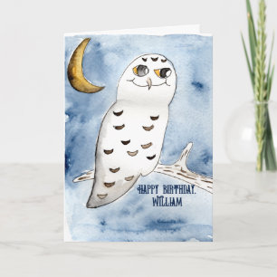 Snowy Owl Watercolor Personalised Birthday Card