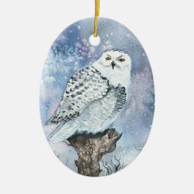 Snowy Owl Wildlife Art Ceramic Tree Decoration (Front)