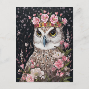 Snowy Owl With a Gold Crown and Pink Flowers Postcard
